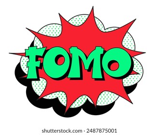 FOMO - Angst, das Konzept zu verpassen. FOMO im Comic-Pop-Art-Stil. Comic-Explosion mit Text FOMO. Vektorgrafik helle Cartoon Illustration im Retro Pop Art Stil