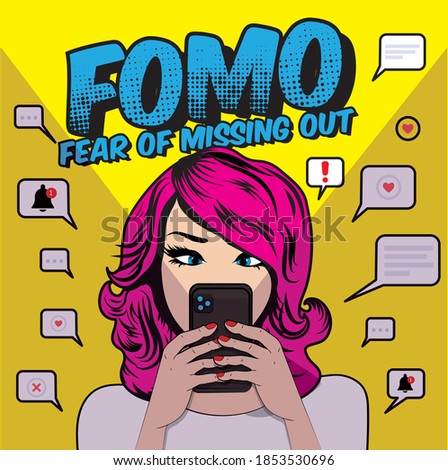 FOMO, fear of missing out concept. Pop art woman with cell phone. Speech Bubble Vector illustration.