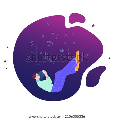 FOMO - Fear of Missing Out illustration. Young man depressed and anxious because of social media dependency. Mental health and modern psycological issues and insecurities.