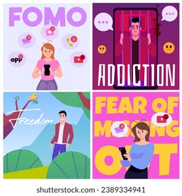 FOMO, or the fear of missing out. JOMO, or the joy of missing out. Psychological syndrome, mental health. Personal discomfort and comfort Positive or negative lifestyle vector flat posters set