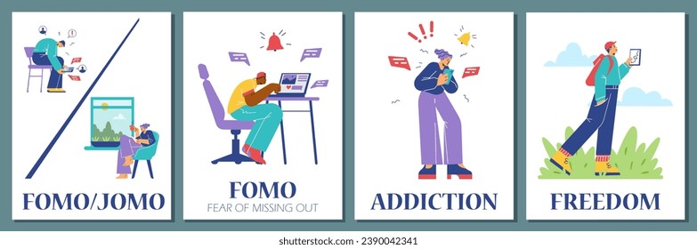 FOMO or Fear of missing out and JOMO Joy of Missing Out banners or posters set, flat vector illustration. Banners or posters on concept of communication behaviour.