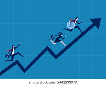 FOMO, fear of missing out on crypto. Businessman chasing after people who got rich by trading crypto 
