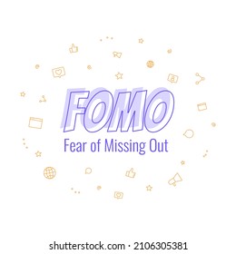 FOMO - Temor a la pancarta de texto "Extracción". La redacción de FOMO está rodeada de íconos de los medios sociales. Salud mental y problemas psicológicos e inseguridades modernos.