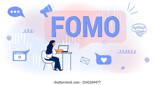 FOMO Fear of missing out Vector illustration concept Social anxiety cause and symptom Pervasive apprehension Afraid absent regrets Law of attraction Psychological safety Well-being Personal comfort