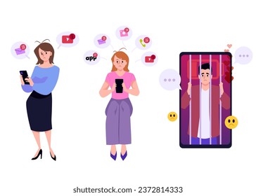 FOMO fear of missing out vector isolated illustration set. Upset man behind bars in the phone. Psychological woman addiction to gadgets. Personal anxiety and worry, discomfort and negative