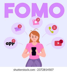 FOMO Angst, das Konzept der Vektorgrafik zu verpassen. Phänomen der sozialen Abhängigkeit von Gadgets. Frauenangst, Sorge, Angst, kein Bedauern. Psychologische Krankheit, Phobie. Persönliches Unbehagen-Poster