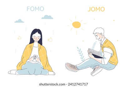 Fomo and jomo syndrome linear. Man and woman with different mental ways to cope with stress. Psychological infographics. Doodle flat vector illustration isolated on white mackground