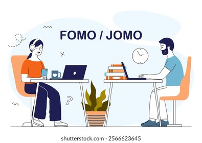 Fomo and jomo at work. Man with laptop, woman with headphones in office. Fear of missing out versus joy of missing out. People with different psychotypes. Linear vector illustration