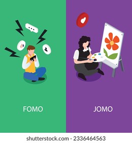 FOMO lifestyle compared to JOMO lifestyle isometric 3d vector illustration concept for banner, website, illustration, landing page, flyer, etc