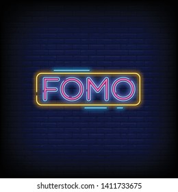 Fomo Neon Text Vector with a Brick Wall Background design template  modern trend design  night neon signboard  night bright advertising  light banner  light art. Vector illustration