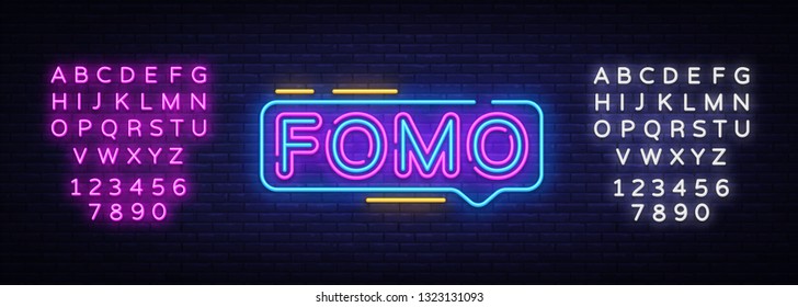 Fomo Neon Text Vector. Fomo neon sign, design template, modern trend design, night neon signboard, night bright advertising, light banner, light art. Vector. Editing text neon sign