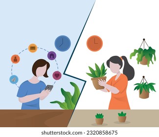 Fomo syndrome and jomo concept illustration, girls with smart phone, Fomo vs jomo illustration