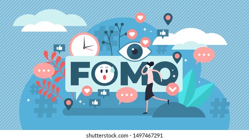 FOMO vector illustration. Flat tiny fear of missing out person concept. Social anxiety cause and symptom to be with pervasive apprehension or afraid from absent regrets. Social media disease feeling.