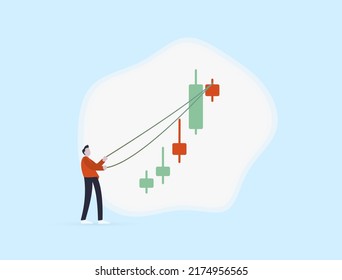 FOMO, volatility and fluctuation concept. Mistaken strategy in crypto or stock market. Fomo Bull or bear trap. The character market maker using the reins to keep the growth of Japanese trading candles