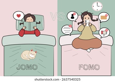 FOMO vs JOMO Bedroom Scene – Woman Upset by Social Media vs Calm with Book and Cat – Concept for Mindfulness and Digital Detox