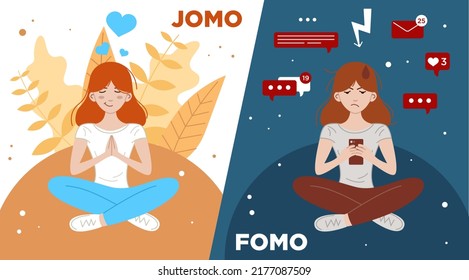 FOMO vs JOMO concept in flat design two different lifestyle. Fear of missing out vs Joy. Differences between From and Common life