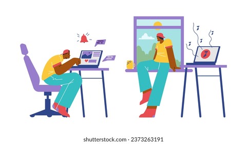 FOMO vs JOMO concepto con el hombre temiendo perder la vida y otros disfrutando de ella. JOMO frente a FOMO y adicción a los gadgets, ilustración vectorial plana aislada en blanco.