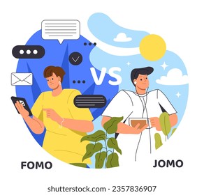 Fomo vs jomo concept. Woman with tablet versus man with cup of tea. Girl communicates in social networks in comparison with pensive lonely guy. Psychological types. Cartoon flat vector illustration