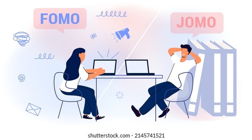 FOMO vs JOMO Fear of missing out vs Joy of missing out Differences between Fomo and Jomo life Vector illustration flat style concept Law of attraction Psychological safety Well-being Personal comfort