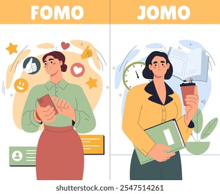 Fomo vs Jomo mulher. Medo de perder fora versus alegria de perder fora. Pessoas com diferentes psicotipos. Leitura ou redes sociais. Ilustração de vetor plano isolada no plano de fundo branco