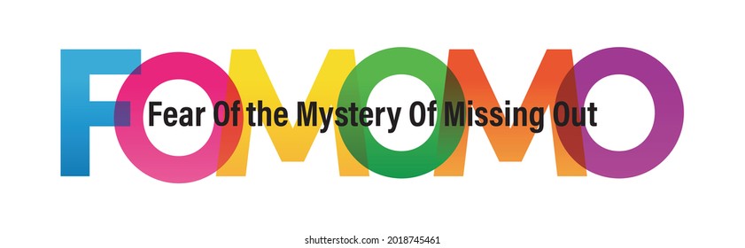 FOMOMO word vector illustration. Fear of the Mystery of Missing Out. Colored rainbow text. Vector banner. Corporate concept. Gradient Text. Transparency Letters. Vector illustration