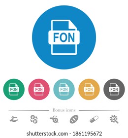 FON file format flat white icons on round color backgrounds. 6 bonus icons included.