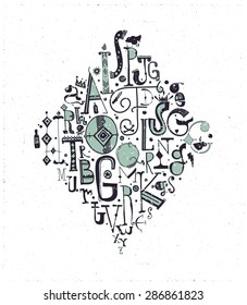 Fond composition, alphabet. Hand drawn decorative letters, elements, green, black