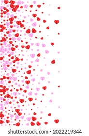 Fond Heart Background White Vector. Birthday Pattern Confetti. Tender Rain Illustration. Red Confetti Banner Frame. Violet Random Backdrop.