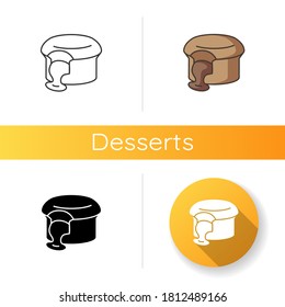 Fondant au Chocolat icon. Molten chocolate cake. French souffle. Lava cake. Traditional French desserts. European sweets. Linear black and RGB color styles. Isolated vector illustrations