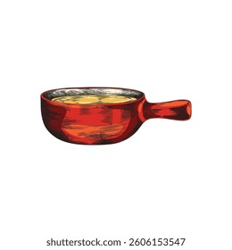 Fondue bowl with melted cheese hand drawn vector illustration. Cheese cream fondue pot with handle sketch. Mayonnaise or sauce in plate. Fresh milk mousse, smooth dessert