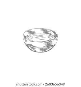Fondue bowl with melted chocolate or cheese hand drawn vector engraved illustration. Yogurt bowl, sour or cheese cream sketch. Mayonnaise or sauce in plate. Fresh milk mousse, smooth dessert