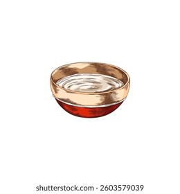 Fondue bowl with melted white chocolate or cheese hand drawn vector illustration. Yogurt bowl, sour or cheese cream sketch. Mayonnaise or sauce in red plate. Fresh milk mousse, smooth dessert