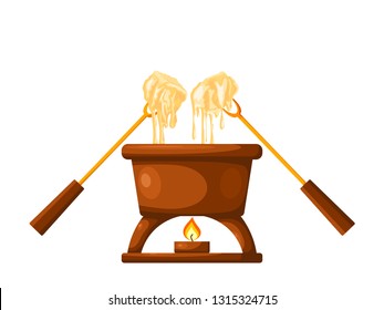 Fondue. Brown jar with melted cheese and forks strung with sliced bread. Cheese fondue on a white background. Vector illustration