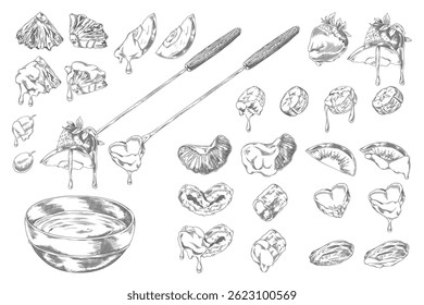 Fondue collection hand drawn vector engraved illustrations set. Berries and fruit pieces with melted chocolate, madeleine cookie, marshmallow. Fondue bowl and skewer. Sweet snack, dessert dish sketch