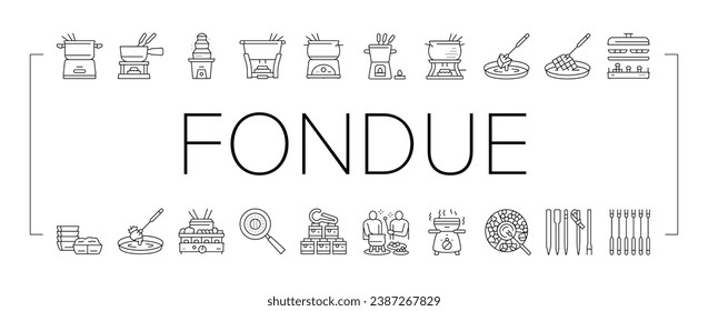 Fondue Cooking Delicious Meal Icons Set Vector. Cheese And Chocolate Tasty Dish Prepared In Warmer Kitchen Appliance Electronic Equipment. Preparing Raclette Food Black Contour Illustrations