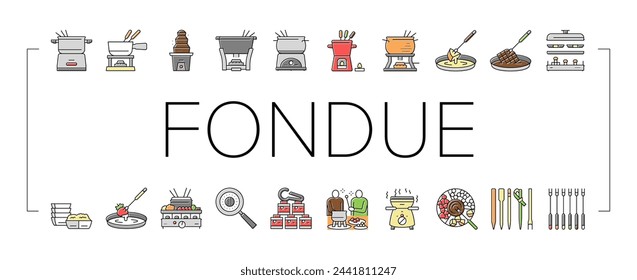 Fondue Cooking Delicious Meal Icons Set Vector. Cheese And Chocolate Tasty Dish Prepared In Warmer Kitchen Appliance Electronic Equipment. Preparing Raclette Food Color Illustrations