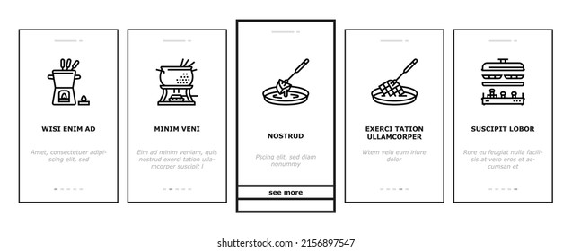 Fondue Cooking Delicious Meal Onboarding Mobile App Page Screen Vector. Cheese And Chocolate Tasty Dish Prepared In Warmer Kitchen Appliance Electronic Equipment. Preparing Raclette Food Illustrations