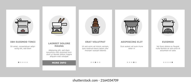 Fondue Cooking Delicious Meal Onboarding Mobile App Page Screen Vector. Cheese And Chocolate Tasty Dish Prepared In Warmer Kitchen Appliance Electronic Equipment. Preparing Raclette Food Illustrations
