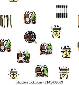 Fondue Cooking Delicious Meal Vector Seamless Pattern Thin Line Illustration