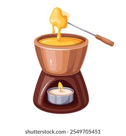 Fondue, French cartoon snack with cheese. Slice of bread on fork covered with hot yellow cheese melted in bowl over candle fire. Cuisine of France mascot, cartoon Fondue in pot vector illustration