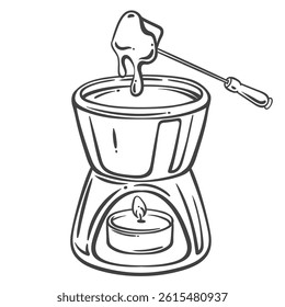 Fondue, French cartoon snack with cheese line icon. Outline slice of bread on fork covered with hot cheese melted in bowl over candle fire. Cuisine of France mascot, Fondue in pot vector illustration