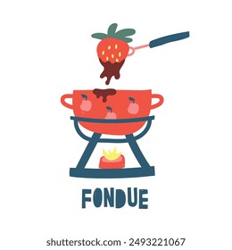 Fondue from hot dark chocolate. chocolate-covered strawberries. Chocolate product poster decoration for cafe bar or restaurant. Naive art illustration. confectionery snack. vector advertising banner