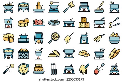 Fondue icons set outline vector. Cheese melted. Cooking cuisine thin line color flat on white