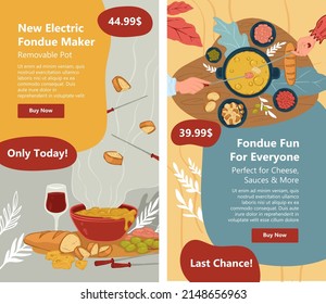 Fondue maker, electric appliance for cheese and sauces cooking. Preparing delicious food and desserts. Buy online with sale. Website page, internet site, landing page template. Vector in flat style svg