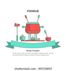 Fondue party . Icons in the trendy linear style on isolated background. Traditional Swiss dishes. It can be used as design elements for cards, invitations, menus  and other printing products