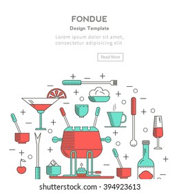 Fondue party. Icons  trendy linear style on isolated background in the form of a circle. Traditional Swiss dishes.  It can be used as design elements for cards, invitations, menus,  printing products