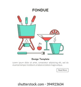 Fondue party . Icons in the trendy linear style on isolated background. Traditional Swiss dishes. It can be used as design elements for cards, invitations, menus  and other printing products