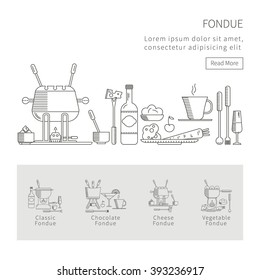 Fondue party. Vector icon set in the trendy linear style on isolated background. Traditional Swiss dishes. It can be used as design elements  for cards, invitations, menus,  printing products