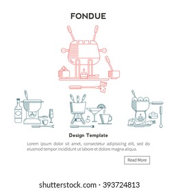 Fondue party. Vector icon set in the trendy linear style on isolated background. Traditional Swiss dishes. It can be used as design elements  for cards, invitations, menus,  printing products