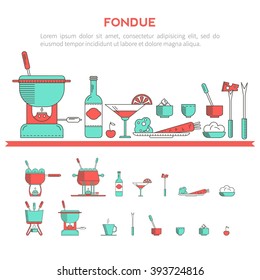 Fondue party. Vector icon set in the trendy linear style on isolated background. Traditional Swiss dishes. It can be used as design elements  for cards, invitations, menus,  printing products